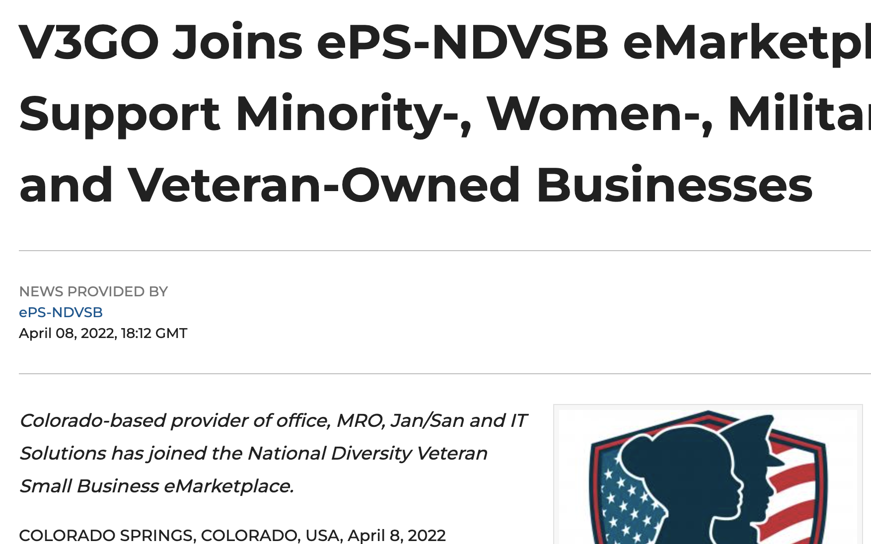 V3GO, Colorado-based provider of office, MRO, Jan/San and IT Solutions has joined the National Diversity Veteran Small Business eMarketplace.